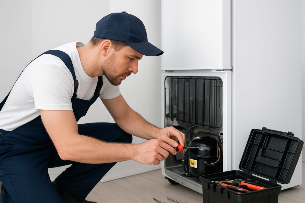 Repairing refrigerator with tools nearby.